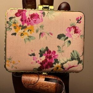 Floral Double Sided Compact Mirror With Gold Tone Butterfly And Trim